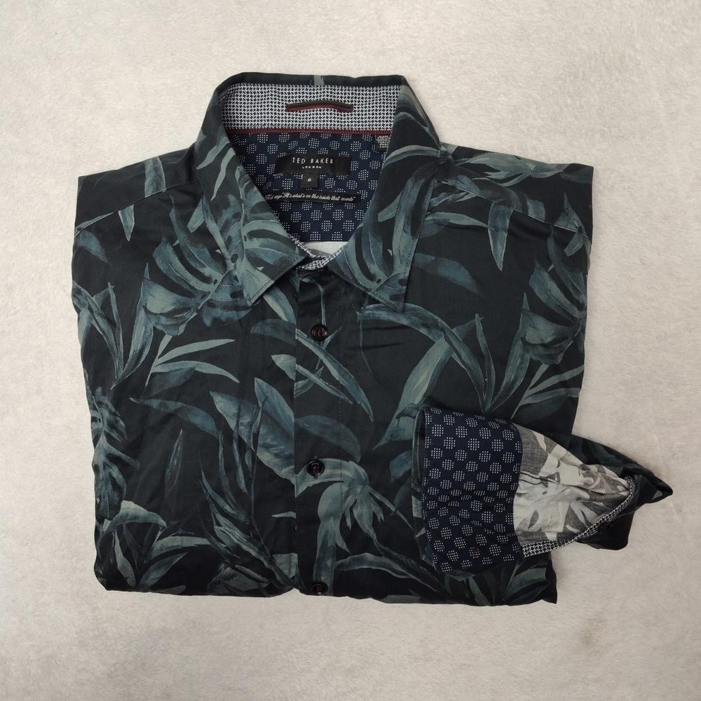 Ted Baker Shirt Mens 6 2XL Green Floral Button Up Flip Cuff Cotton Work Portugal